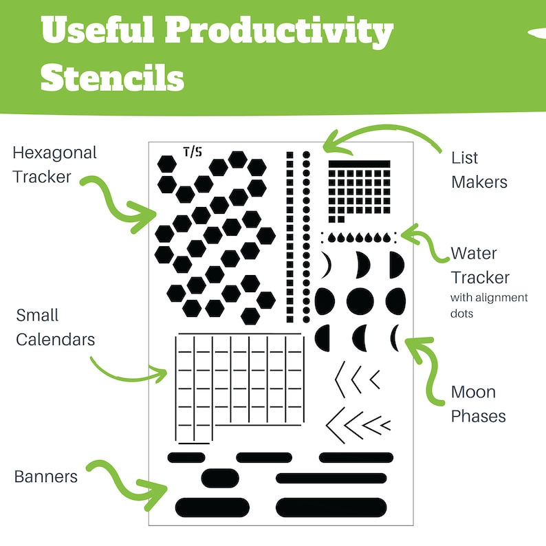 Peut inclure: Une feuille imprimable de pochoirs de productivit&eacute; en noir et blanc. Les pochoirs comprennent un suivi hexagonal, de petits calendriers, des banni&egrave;res, des phases lunaires, des cr&eacute;ateurs de listes et un suivi de l'eau avec des points d'alignement.