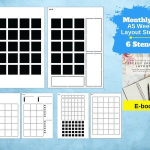 Speedy Spreads Journal Stencils (Monthly Layouts) - x6 Stencils for A5 Dot Grid Journal Notebook, Save Time on Full-Page Layouts