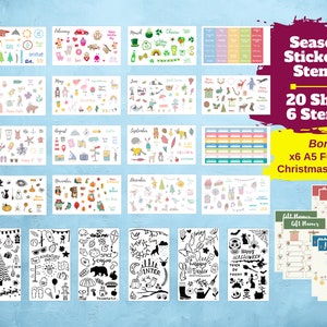 Seasons and Holiday Planner Stickers & Stencils Kit, 22 Sticker Sheets, 6 Stencils - Birthdays, Christmas, Halloween, Winter, Fall