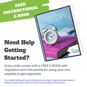 Peut inclure: Un livre rose avec un r&eacute;veil blanc sur le dessus. La couverture du livre porte le texte "The Time Saver Stencil Set" et "Guide &eacute;tape par &eacute;tape sur l'utilisation de vos nouveaux pochoirs". Le livre a &eacute;galement un autocollant qui dit "Sunny Streak". Le texte "Free Instructional E-Book" est dans une bo&icirc;te verte en haut &agrave; gauche de l'image. Le texte "Need Help Getting Started?" est en texte noir sous la bo&icirc;te verte. Le texte "Chaque commande est livr&eacute;e avec un E-BOOK GRATUIT avec de l'inspiration et des instructions pour utiliser vos nouvelles fournitures pour vous organiser." est sous l'image. Le texte "Votre E-Book vous sera envoy&eacute; par e-mail apr&egrave;s votre achat. Veuillez vous assurer que vous ne vous &ecirc;tes pas d&eacute;sabonn&eacute; des e-mails d'Etsy afin de recevoir votre E-book gratuit !" est en bas de l'image.