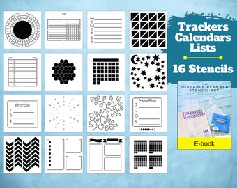 Portable Planner Stencils - x16 Small Square Journal Templates (Align with 5mm Dot Grids) Habit Trackers, Calendars, Checklists, Meal Plans