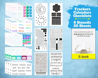 Ultimate Productivity Stickers & Stencils Set (x20 Sticker Sheets, x6 Stencils) for Dot Grid Journals - Calendars, To Dos, Habit Trackers