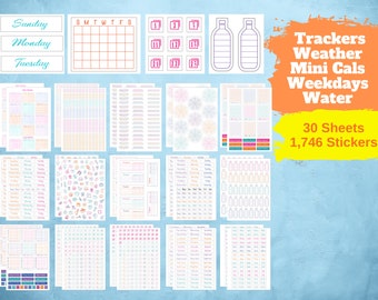 Simple Productivity Weekly Planner Stickers (Colorful) - 30 Sheets of Writable and Clear Stickers - Mini Cals, Habit Trackers, Weekdays