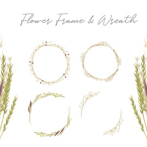 Couronne de fleurs séchées et cadres Clipart - Concept rustique - Concept vintage - Digital Clipart PNG