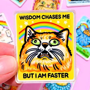 Op de afbeelding: Een rechthoekige acrylaatmagneet met een gele achtergrond en een centrale illustratie van een oranje kat met grote groene ogen en een open mond. Boven en onder de kat staat de tekst WISDOM CHASES ME BUT I AM FASTER.