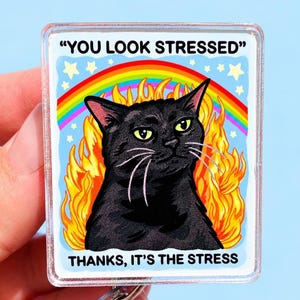 Könnte beinhalten: Ein rechteckiger Ausweishalter mit einer Illustration einer schwarzen Katze vor einem Hintergrund aus gelben Flammen und einem Regenbogen. Der Text YOU LOOK STRESSED steht oben und THANKS, IT'S THE STRESS unten, ergänzt durch kleine Sterne.