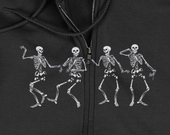 Dancing Skeletons Zip Up Hoodie Skull Sweatshirt Goth Hoodie Gothic Funny Gift Best Friend Fall Halloween One Piece Hoodie Unisex Black Cute