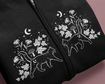 Witchy Black Cat Zip Up Hoodie Goth Sweatshirt Hooded Zipper Gothic Fall Halloween Cat Lover Gift Cat Hoodie Aesthetic Floral Hoodie Female