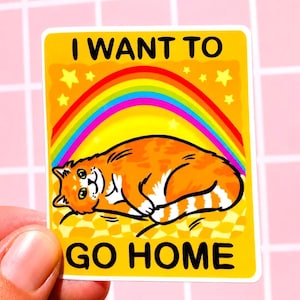 Può includere: Un adesivo rettangolare con sfondo giallo raffigurante un gatto tigrato arancione disegnato, sdraiato sotto un arcobaleno colorato e stelle gialle. Il testo I WANT TO GO HOME è stampato in grassetto nero in alto e in basso.