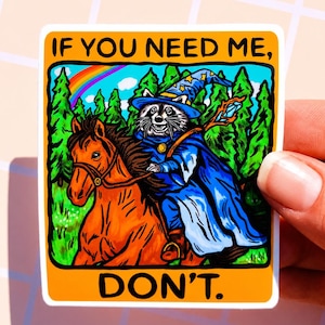 Può includere: Un adesivo rettangolare con un procione mago a cavallo di un cavallo marrone, sullo sfondo di una foresta e un arcobaleno. L'adesivo riporta il testo "IF YOU NEED ME, DON'T." in grassetto.