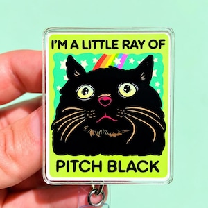 Puede incluir: Un portatarjetas rectangular con la ilustración de un gato negro sobre un fondo verde lima con estrellas blancas y un arcoíris. El texto dice I'M A LITTLE RAY OF PITCH BLACK. El diseño está dentro de un marco de acrílico transparente con clip.