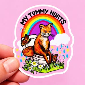 May include: A die-cut sticker featuring a fox sitting on a white toilet with the text MY TUMMY HURTS in black. The background includes a colorful rainbow, white clouds, blue raindrops, yellow stars, floating bubbles, and orange butterflies.