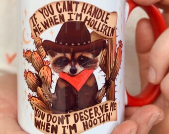 Cowboy Raccoon Mug Funny Trash Panda Coffee Cup Unhinged Gift Quirky Western Themed Drinkware Hilarious Texas Mug Ironic Cute Gift Bestie