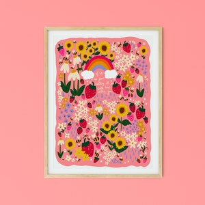 Strawberry Art Print Aesthetic Art Colorful Trendy Print Leo Birth Flower August Birth Flower Print for Nursery Rainbow and Sunflower Art