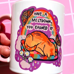 Funny Cat Mug Cat Themed Gift Unhinged Mental Health Mug Cute Gift for Her Demotivation Coffee Cup Work Bestie Gift New Job Mug Teacher Cute