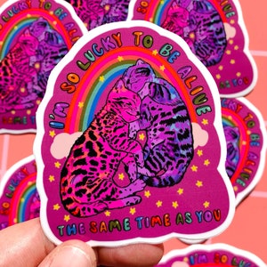 Könnte beinhalten: Ein Aufkleber mit zwei stilisierten Katzen, die sich unter einem Regenbogen umarmen. Die Katzen sind in Rosa und Lila mit schwarzen Mustern dargestellt. Der Aufkleber enthält den Text "I'm so lucky to be alive the same time as you".