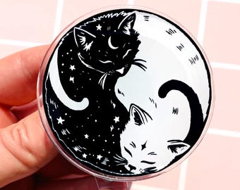 Porta credenciales Yin Yang con forma de gato, lindo porta credenciales para amantes de los gatos, porta credenciales de veterinario, compañero para credenciales, gato negro, porta credenciales blanco, etiqueta de enfermera/maestro, clip para identificación, cocodrilo