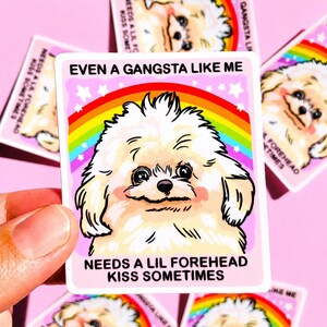 May include: A rectangular sticker featuring a fluffy white dog with a pink nose and cheeks. Behind the dog is a colorful rainbow and white stars on a light pink background. The text reads: EVEN A GANGSTA LIKE ME NEEDS A LIL FOREHEAD KISS SOMETIMES.