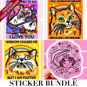 May include: A sticker bundle featuring four colorful designs. One sticker shows a cat with a phone and the text "I LOVE YOU". Another shows a cat with a rainbow and the text "I WILL ACHIEVE MY DREAMS". The third sticker shows a cat with the text "BUT I AM FASTER". The fourth sticker shows a pink axolotl.
