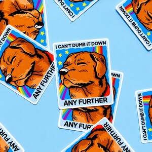 May include: A rectangular sticker featuring a brown dog with eyes closed, set against a blue background with a rainbow and yellow stars. The text I CAN'T DUMB IT DOWN ANY FURTHER is printed in black capital letters at the top and bottom of the sticker.