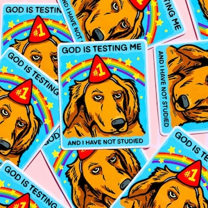 Puede incluir: Una pegatina con un perro de dibujos animados con un gorro de fiesta con el n&uacute;mero 1. La pegatina tiene el texto "GOD IS TESTING ME AND I HAVE NOT STUDIED" sobre un fondo azul con un arco&iacute;ris.