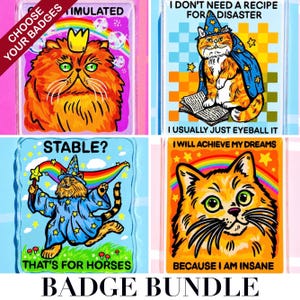 May include: A set of four rectangular acrylic badges featuring colorful illustrations of orange cats. Each badge displays unique text including I DON'T NEED A RECIPE FOR DISASTER, STABLE? THAT'S FOR HORSES, and I WILL ACHIEVE MY DREAMS BECAUSE I AM INSANE.
