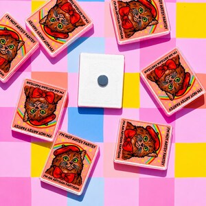May include: A collection of rectangular magnets and one square magnet. The magnets feature a cartoon cat wearing a red beret and bow tie, with the text "I'M NOT ARTSY FARTSY" and "I'M AN ARTISAN FARTISAN". The background is a colorful checkered pattern.