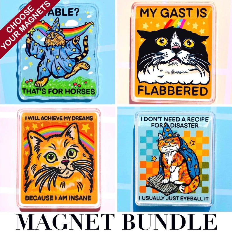 Puede incluir: Un conjunto de cuatro imanes rectangulares con ilustraciones de gatos y frases humor&iacute;sticas. Los imanes presentan gatos disfrazados de magos, con arco&iacute;ris y textos como "Flabbered" y "Because I am insane."