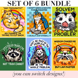May include: A set of six colorful graphic prints featuring animals with humorous text. Designs include a cat with a rainbow, a wizard cat, a possum labeled SOLVEM PROBLER, a raccoon, a wizard possum, and a wide-eyed cat with the text WISDOM CHASES ME.