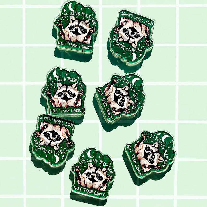 May include: A collection of green and white raccoon-themed pins. Each pin features a raccoon illustration with the text "IT'S CALLED TRASH CAN, NOT TRASH CANNOT". The pins are arranged on a light green grid background.