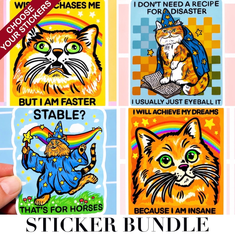 Zabawna naklejka na kota Czarodziej Naklejka na kotka Zabawne naklejki na zdrowie psychiczne Dziwny prezent Sarkastyczny humor Wystrój Kindle Magiczny prezent Czarny humor STICKER BUNDLE