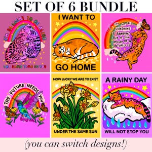 May include: A set of six colourful graphic prints featuring cats, a hummingbird, and flowers. Each design includes a rainbow, stars, and text such as I'm So Lucky To Be Alive, I Want To Go Home, It's Not All Sunshine & Rainbows, The Future Needs You, How Lucky We Are To Exist, and A Rainy Day Will Not Stop You.