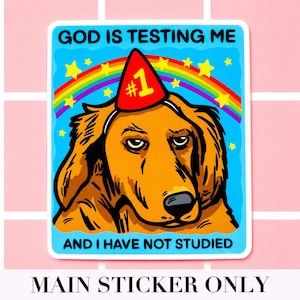 Puede incluir: Una pegatina con un perro de dibujos animados que lleva un gorro de fiesta con el n&uacute;mero uno. La pegatina tiene el texto "GOD IS TESTING ME AND I HAVE NOT STUDIED" con un arco&iacute;ris y estrellas en el fondo.