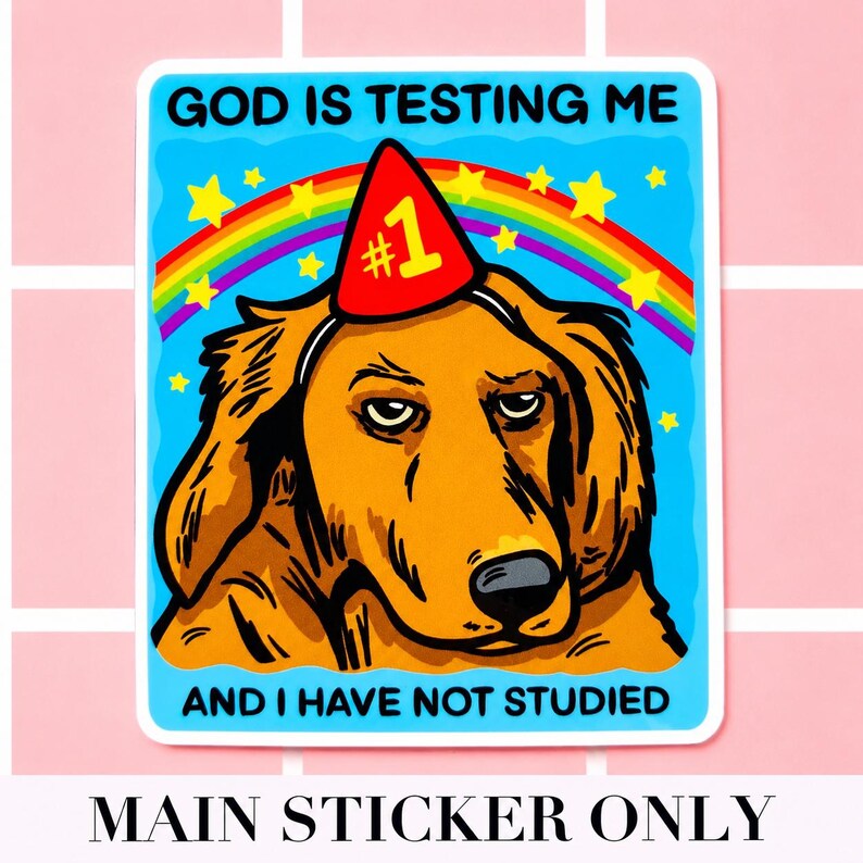 Puede incluir: Una pegatina con un perro de dibujos animados que lleva un gorro de fiesta con el n&uacute;mero uno. La pegatina tiene el texto "GOD IS TESTING ME AND I HAVE NOT STUDIED" con un arco&iacute;ris y estrellas en el fondo.