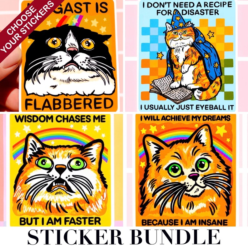 K&ouml;nnte beinhalten: Ein Set aus vier rechteckigen Aufklebern mit Katzenillustrationen und Text. Einer zeigt eine schwarz-wei&szlig;e Katze mit dem Text FLABBERED, ein anderer eine orangefarbene Katze im Zaubererumhang mit I DON'T NEED A RECIPE FOR DISASTER I USUALLY JUST EYEBALL IT.