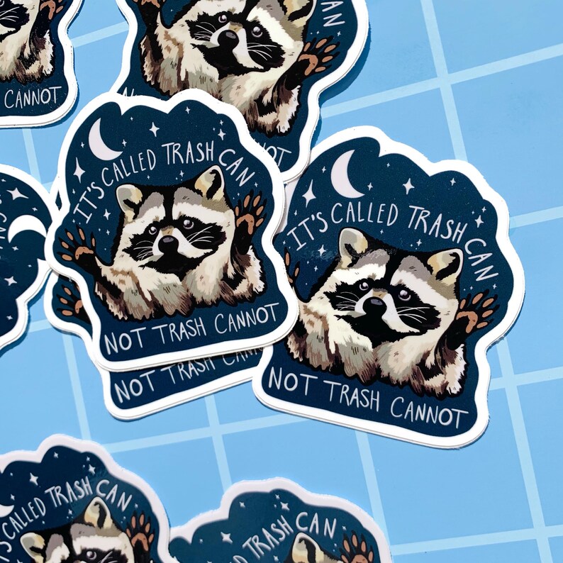 May include: A set of four stickers featuring a raccoon with the text "It's called trash can, not trash cannot." The stickers have a dark blue background with white stars and a crescent moon.