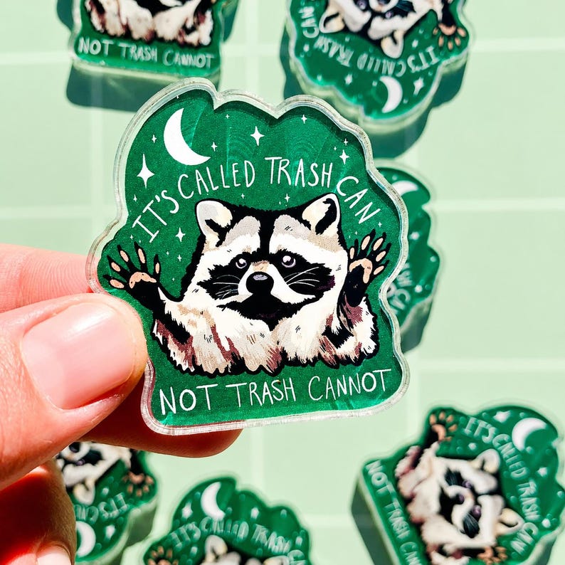 May include: A clear, green acrylic sticker featuring a raccoon illustration. The text "IT'S CALLED TRASH CAN" and "NOT TRASH CANNOT" is printed on the sticker. The raccoon is black, white, and brown.