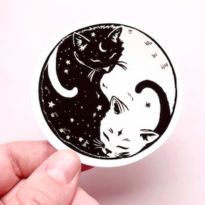 Black Cat Sticker Yin Yang Karma Cat Decal Witchy Sticker Cat Themed Gift Cat People Veterinarian Gift Cat Lover Whimsical Celestial Mirror