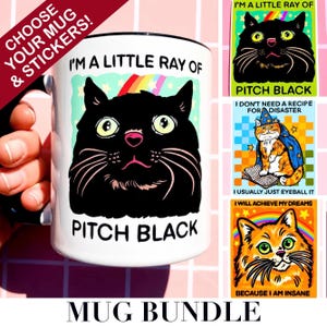 May include: A white ceramic mug with a black interior and a black cat graphic that says "I'm a little ray of pitch black." The image includes other cat-themed designs and the text "Mug Bundle."