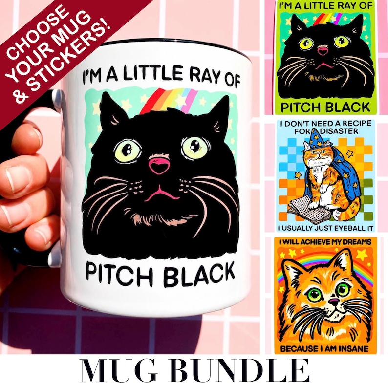 May include: A white ceramic mug with a black interior and a black cat graphic that says "I'm a little ray of pitch black." The image includes other cat-themed designs and the text "Mug Bundle."