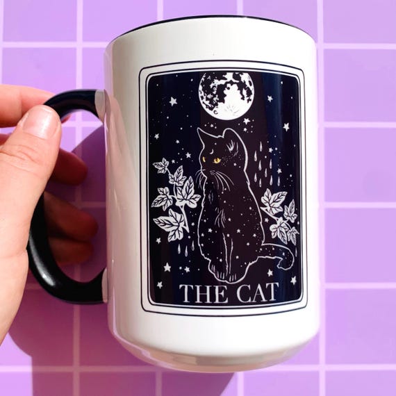 Black Cat Mug Tarot Coffee Cup Cat Themed Gift Mug Witchy Moon Gothic Mug Cute Cat Pet Themed Gift Tarot Card Stocking Stuffer Best Friend