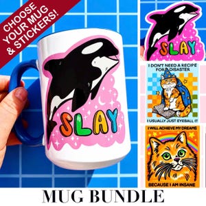 May include: White mug with a blue handle featuring a black and white orca illustration with the word "SLAY" in colorful letters. Includes stickers with cat and orca designs. Text reads "CHOOSE YOUR MUG & STICKERS!" and "MUG BUNDLE".
