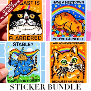 Puede incluir: Un paquete de pegatinas con cuatro dise&ntilde;os tem&aacute;ticos de gatos. Cada pegatina presenta una ilustraci&oacute;n de gato diferente con texto como "Flabbered", "Have a Meltdown" y "Because I am Insane". Las pegatinas son rectangulares con esquinas redondeadas.