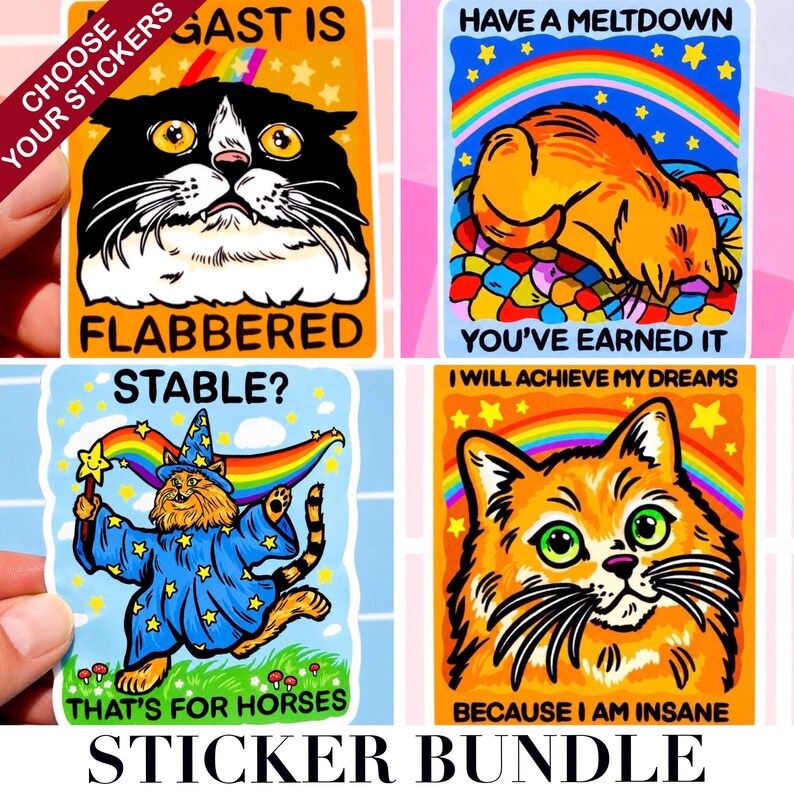 Puede incluir: Un paquete de pegatinas con cuatro dise&ntilde;os tem&aacute;ticos de gatos. Cada pegatina presenta una ilustraci&oacute;n de gato diferente con texto como "Flabbered", "Have a Meltdown" y "Because I am Insane". Las pegatinas son rectangulares con esquinas redondeadas.