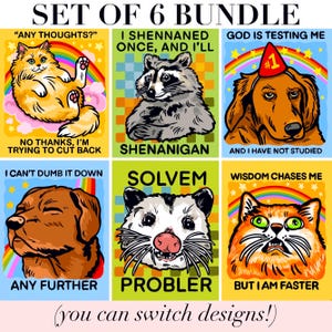 May include: A set of 6 bundle prints featuring colorful illustrations of animals with text. Designs include a cat with a rainbow, a raccoon, a dog with a party hat, a brown dog, an opossum, and a wide-eyed cat. Each print contains humorous captions.