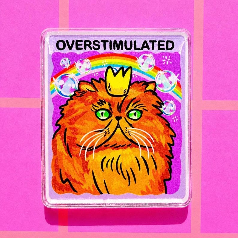 May include: A rectangular acrylic pin featuring an orange fluffy cat with green eyes wearing a yellow crown. Above the cat, the text OVERSTIMULATED is printed in black. The background includes a colorful rainbow and floating bubbles.