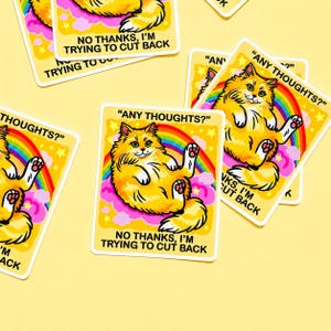 K&ouml;nnte beinhalten: Ein rechteckiger Aufkleber mit einer flauschigen orangefarbenen Katze, die auf einer rosa Wolke vor einem Regenbogenhintergrund liegt. Der Text oben lautet ANY THOUGHTS? und unten NO THANKS, I'M TRYING TO CUT BACK. Das Design enth&auml;lt gelbe Sterne.