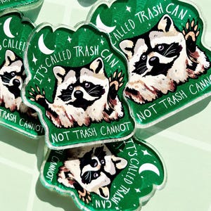 May include: A collection of green, raccoon-themed stickers. Each sticker features a raccoon illustration with the text "IT'S CALLED TRASH CAN, NOT TRASH CANNOT". The design includes a crescent moon and stars.