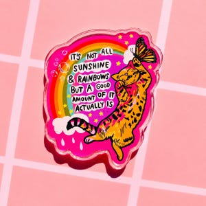 Op de afbeelding: Een doorzichtige acryl pin met een felroze achtergrond, een regenboog, witte wolken en een geel-oranje gevlekte kat die naar een vlinder reikt. De tekst luidt: IT'S NOT ALL SUNSHINE & RAINBOWS BUT A GOOD AMOUNT OF IT ACTUALLY IS.