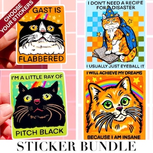 May include: A sticker bundle featuring four colorful cat illustrations with humorous phrases. The stickers include a black and white cat with "Flabbered", a cat wizard, a black cat with "Pitch Black", and an orange cat with "Because I am insane".